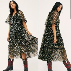 Free People Practical Magic Floral Print Mesh Midi Dress Small NO SLIP